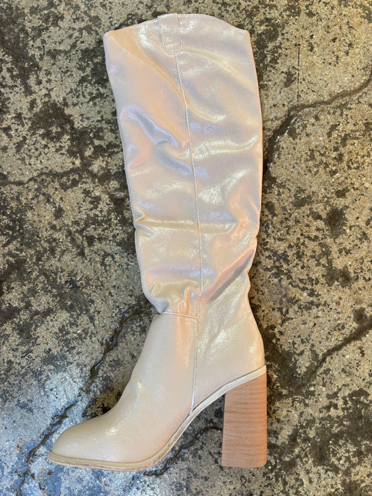 Stephanie Knee High Faux Leather Taupe Platform Heeled Boots