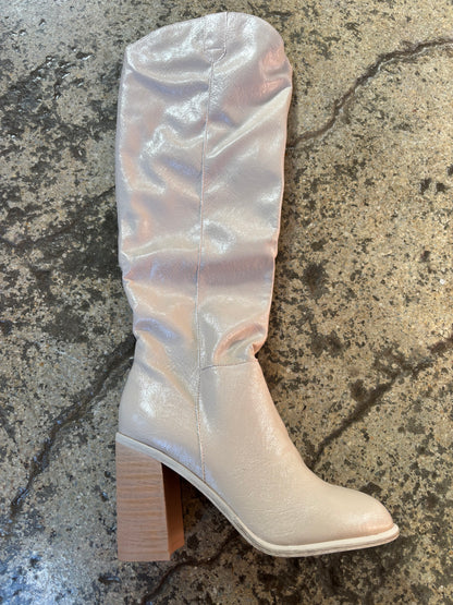 Stephanie Knee High Faux Leather Taupe Platform Heeled Boots