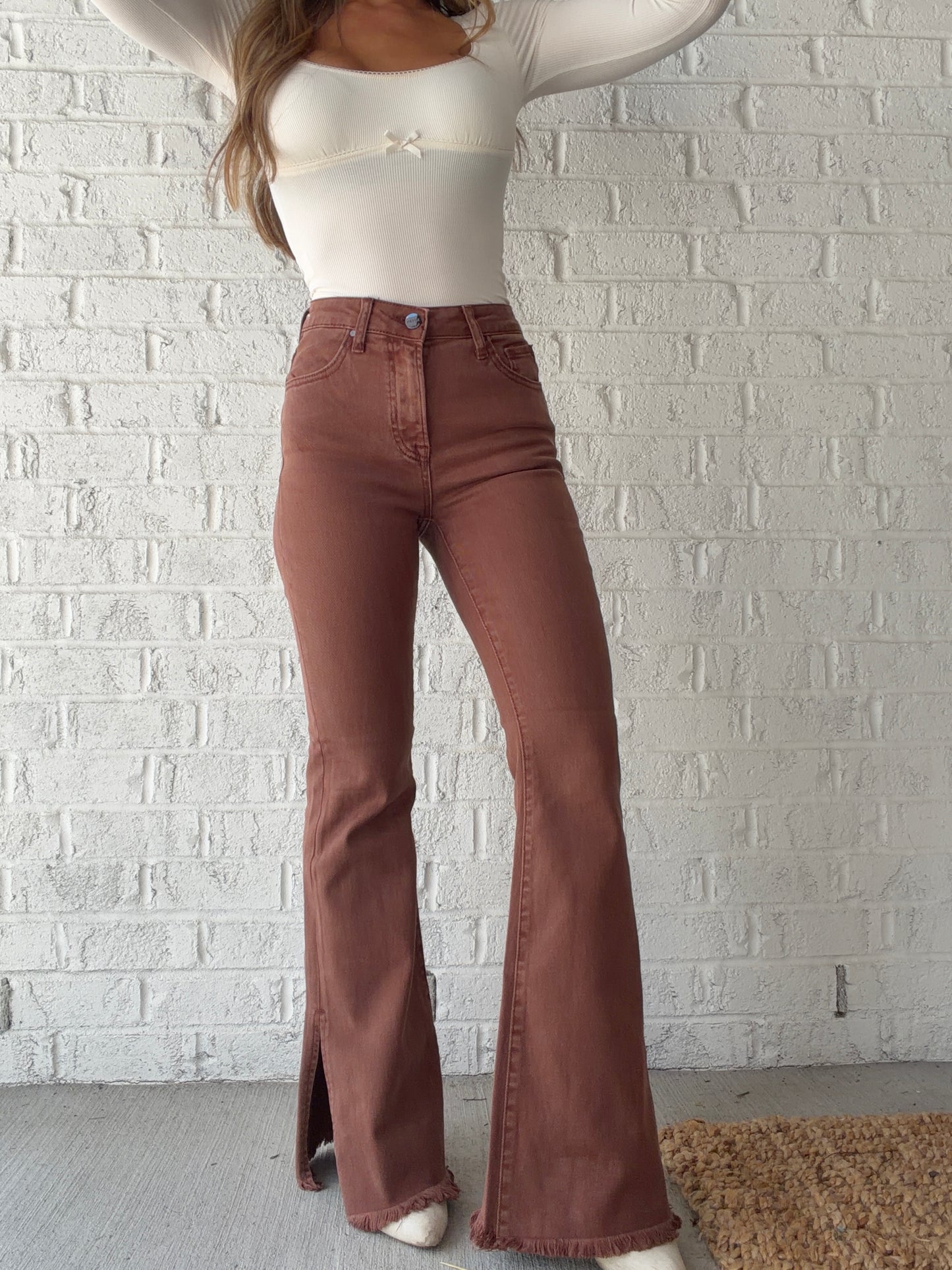 Just Peachy Risen High Rise Side Slit Flare Jeans