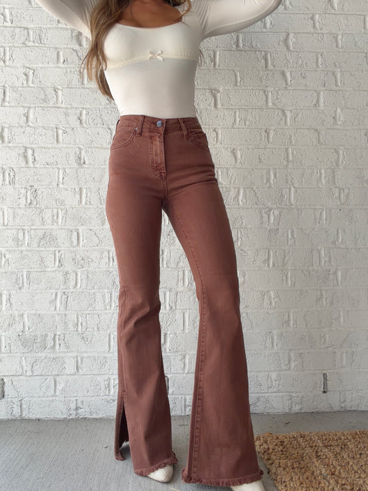 Just Peachy Risen High Rise Side Slit Flare Jeans