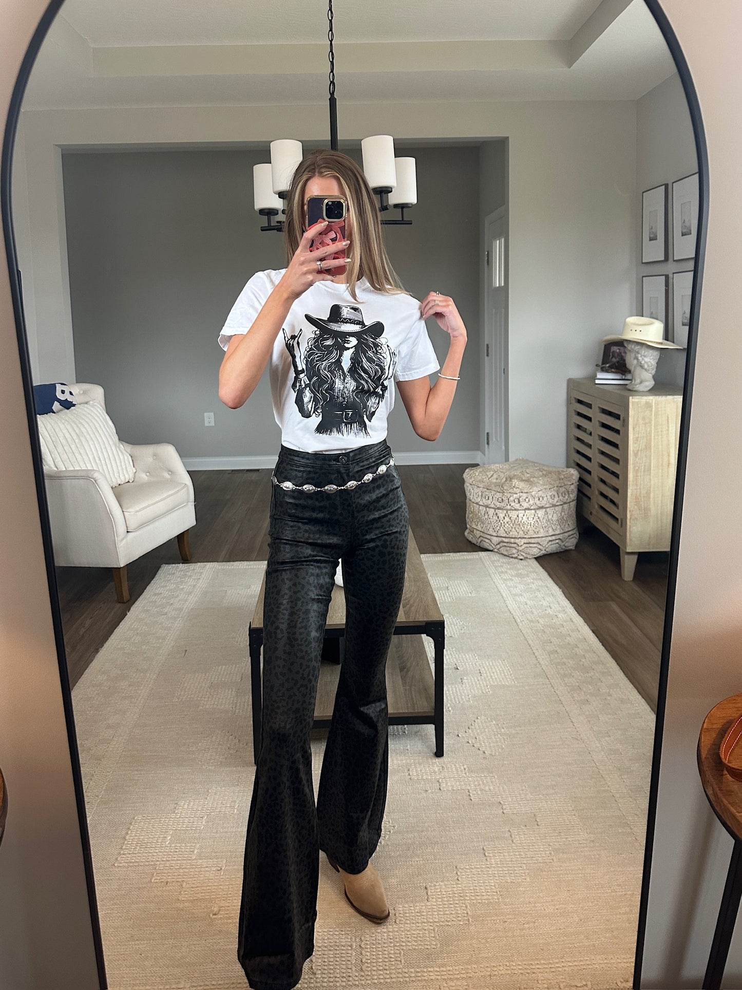 Fiona Leather Leopard High Waisted Bell Bottom Flare Jeans - Black Midnight Leopard