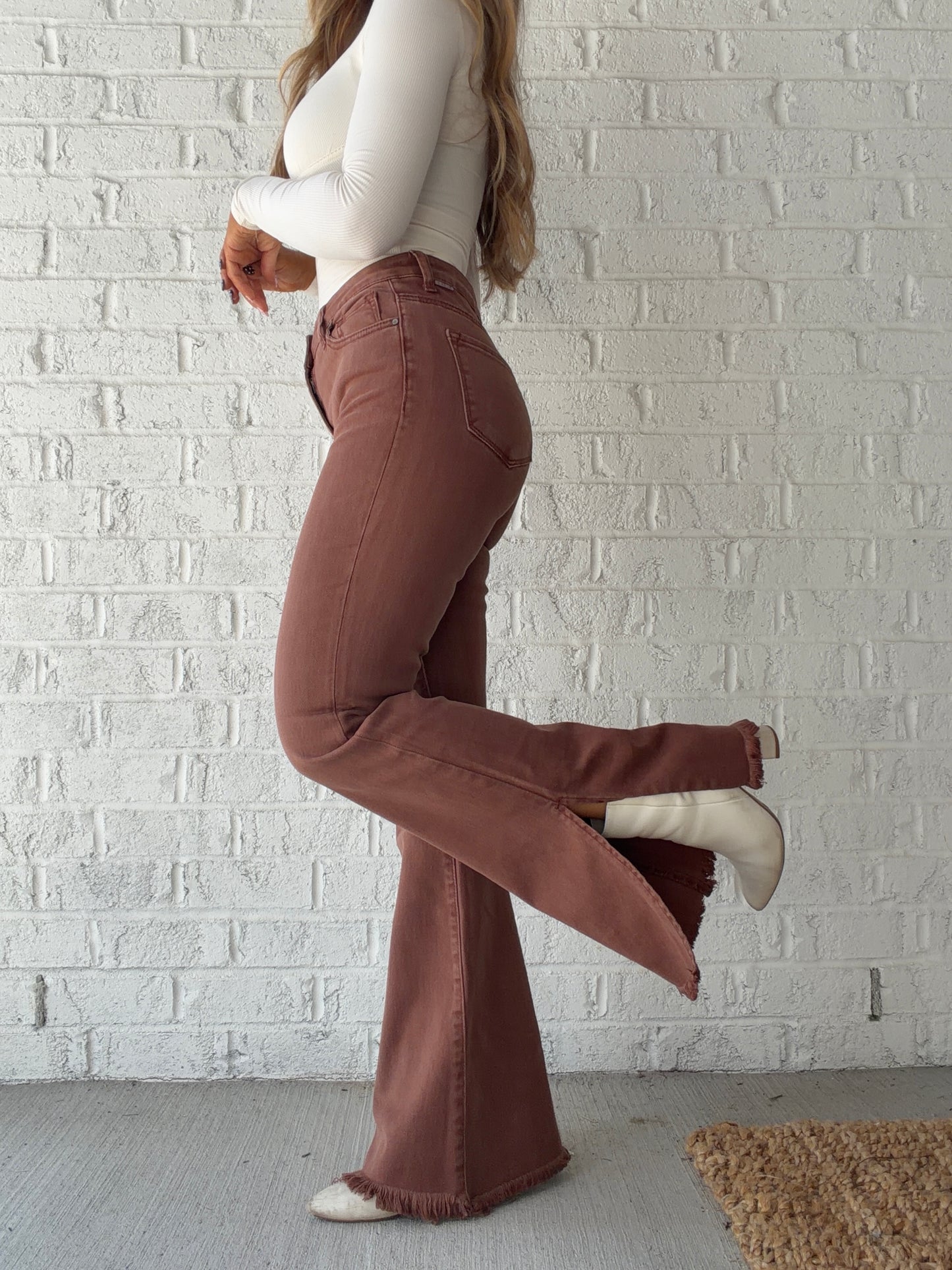 Just Peachy Risen High Rise Side Slit Flare Jeans