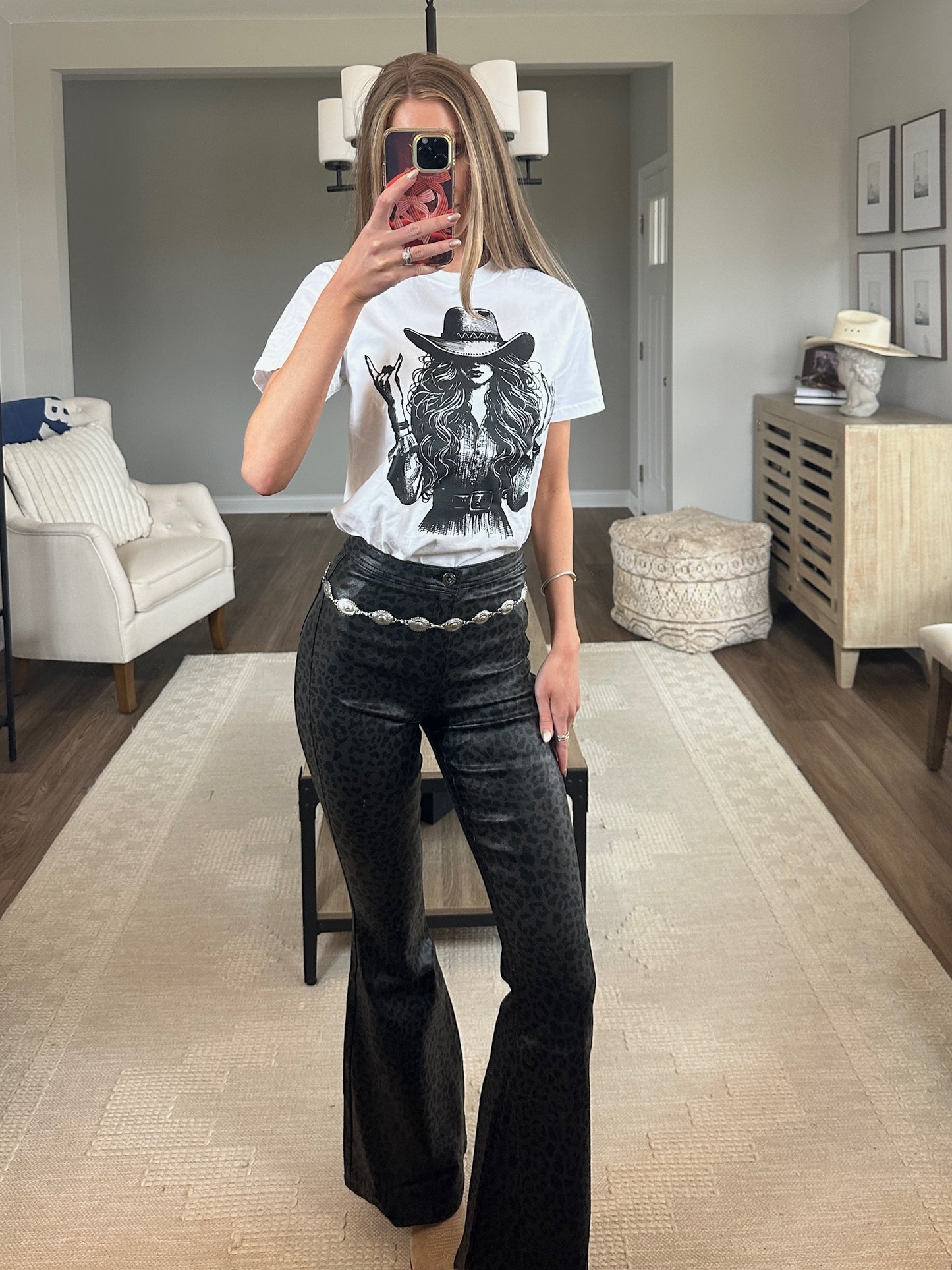 Fiona Leather Leopard High Waisted Bell Bottom Flare Jeans - Black Midnight Leopard