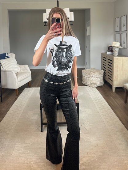 Fiona Leather Leopard High Waisted Bell Bottom Flare Jeans - Black Midnight Leopard