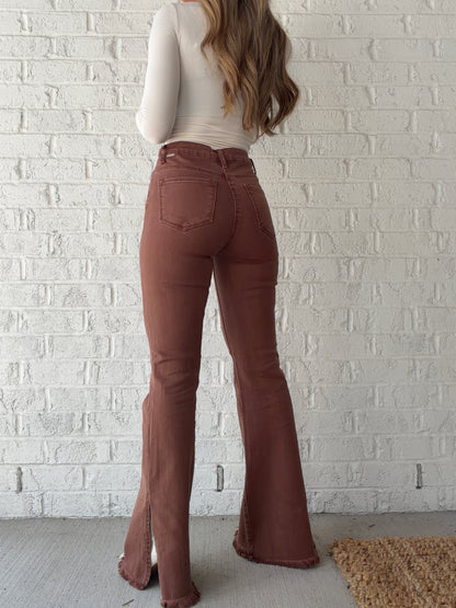 Just Peachy Risen High Rise Side Slit Flare Jeans
