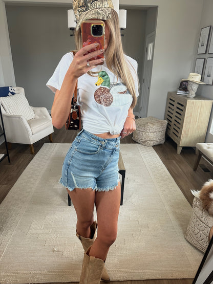 Lindsey Asymmetrical Distressed Shorts- Medium Wash