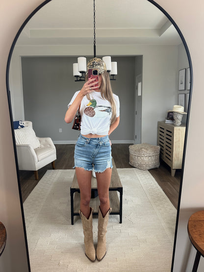 Lindsey Asymmetrical Distressed Shorts- Medium Wash