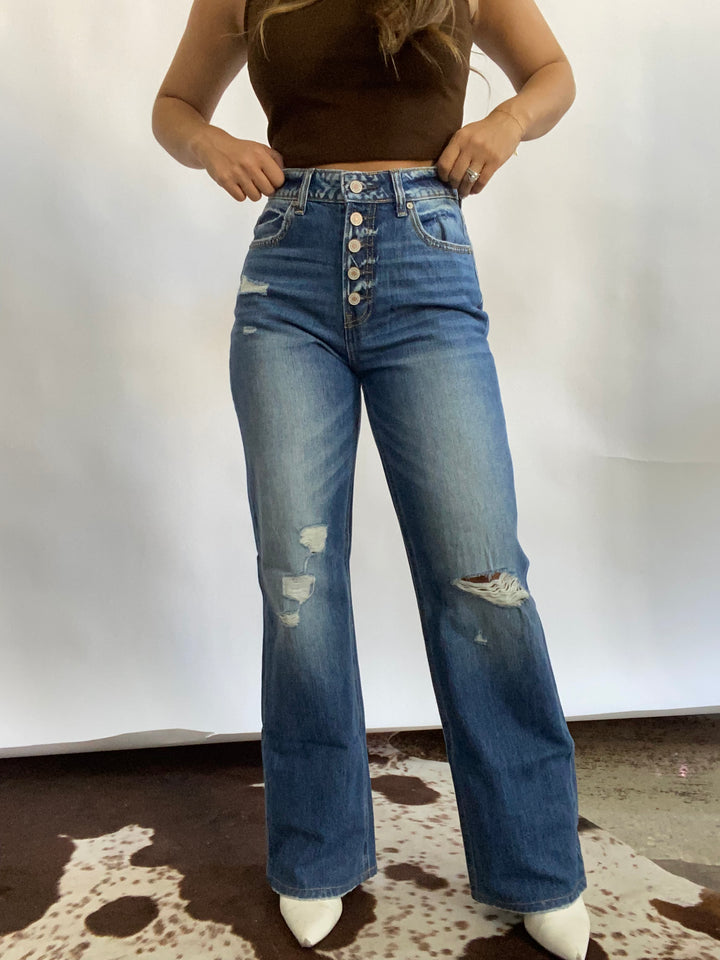 Sabrina Super High Rise Distressed Wide Leg Denim Jeans- Medium Wash