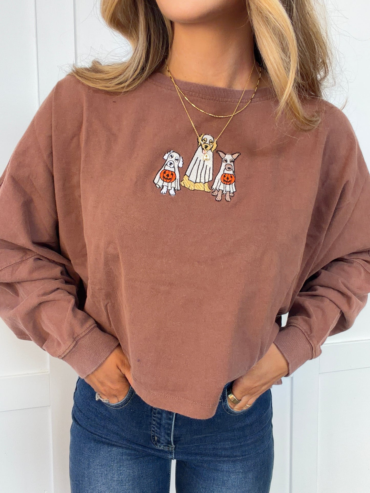 Spooky Dogs Embroidered Riley Cropped Long Sleeve