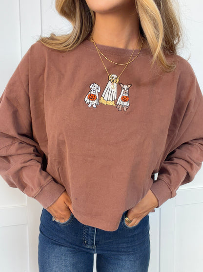 Spooky Dogs Embroidered Riley Cropped Long Sleeve