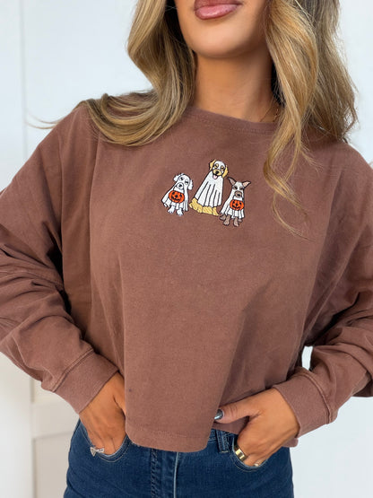 Spooky Dogs Embroidered Riley Cropped Long Sleeve