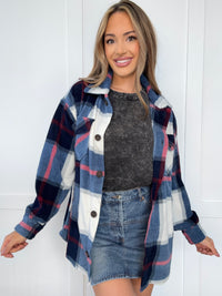 Erin Oversized Plaid Fleece Shacket - Navy