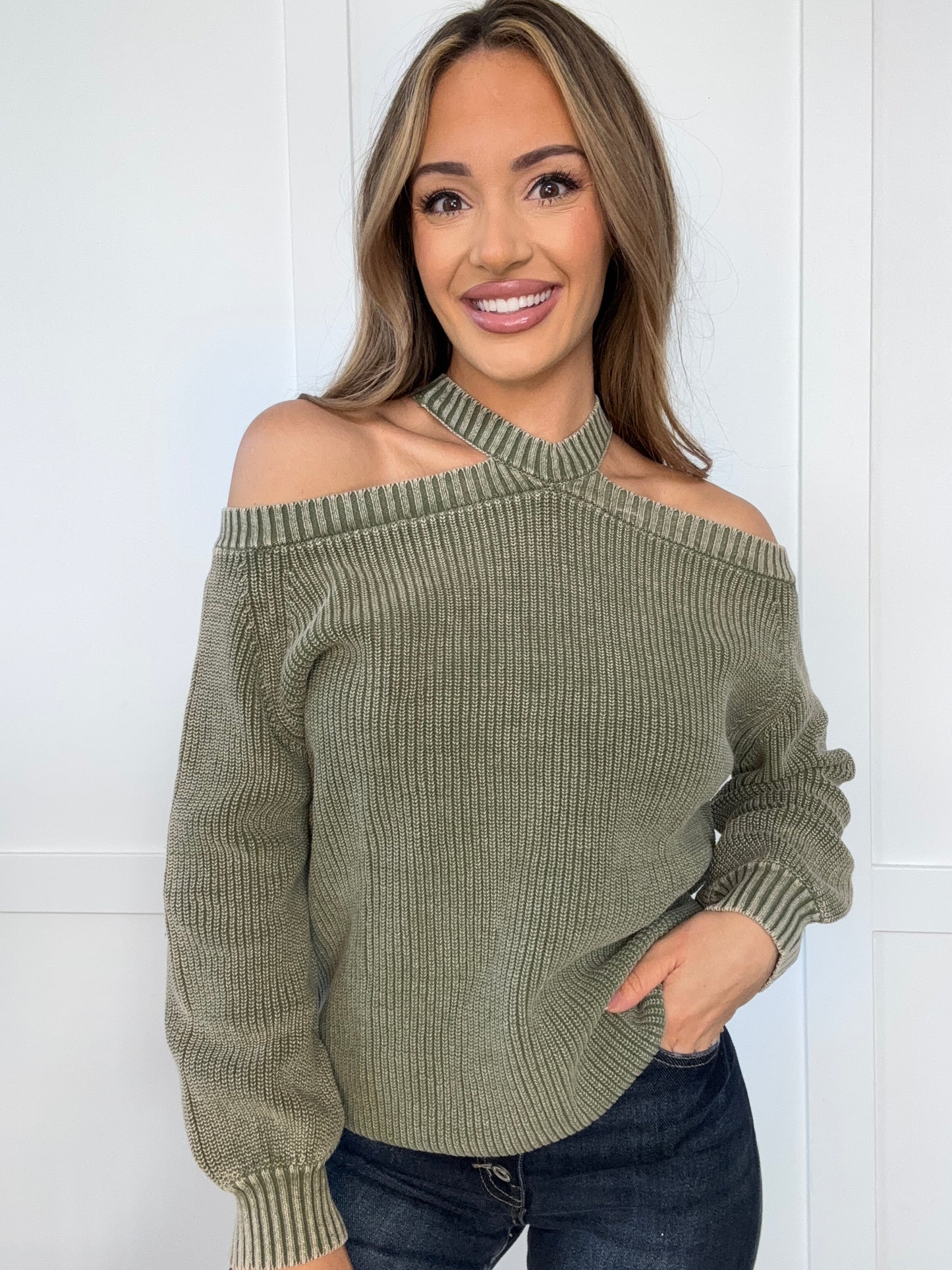 Zoey Mineral Washed Cold Shoulder Sweater