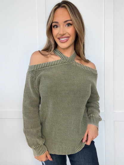 Zoey Mineral Washed Cold Shoulder Sweater