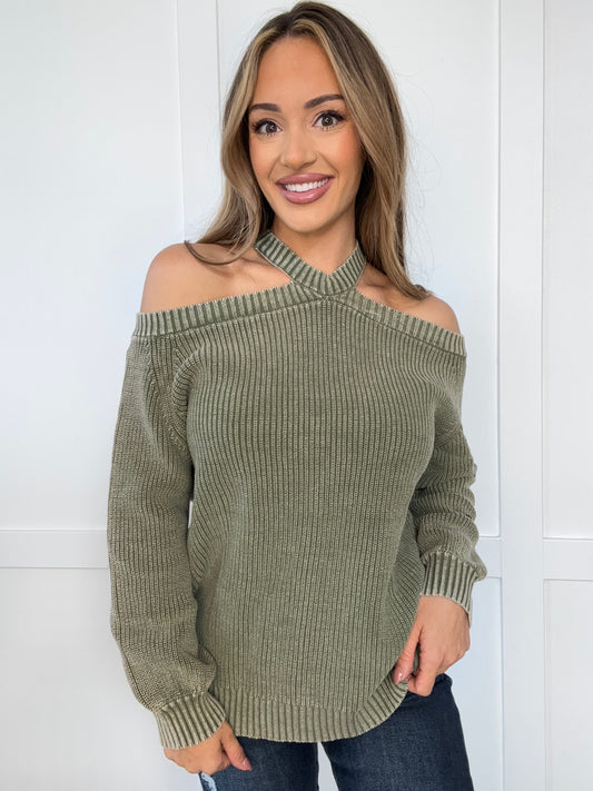 Zoey Mineral Washed Cold Shoulder Sweater