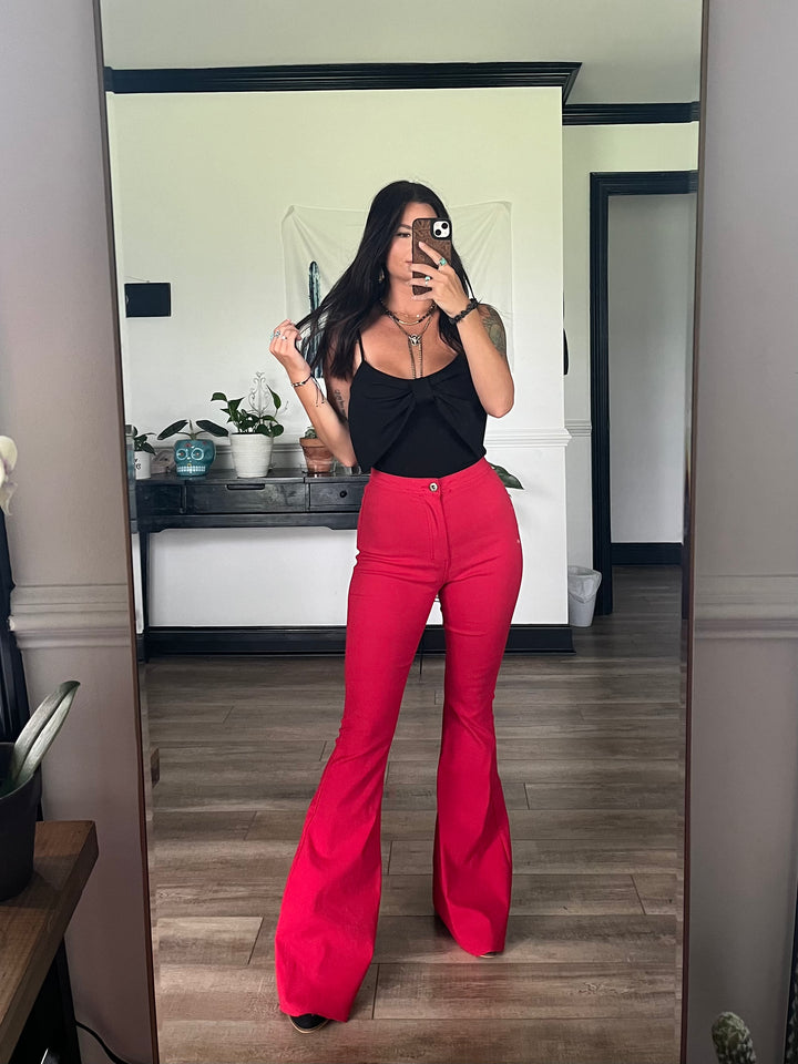 Fiona High Waisted Bell Bottom Flare Jeans - Red