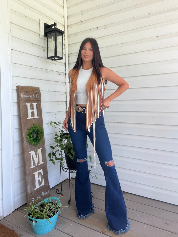 Farrah Denim Distressed High Waisted Flares - Medium Wash