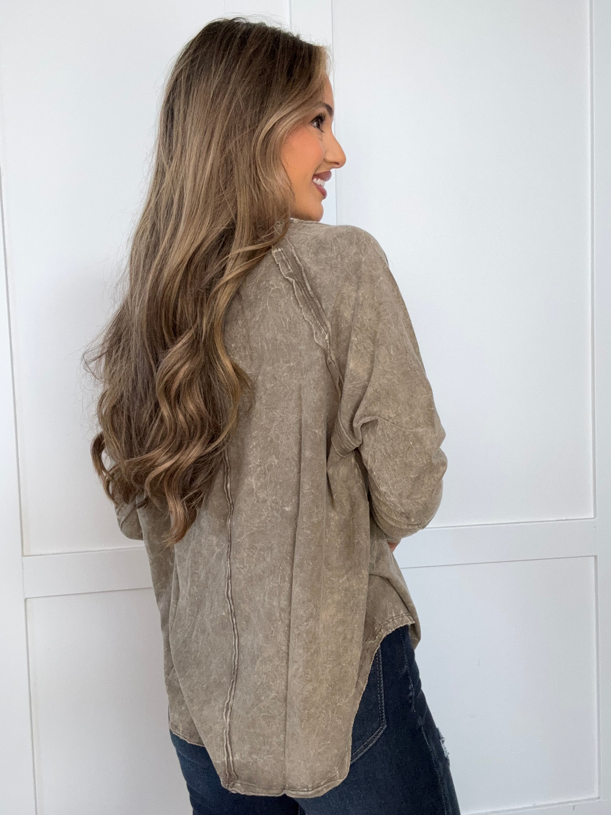 Buy our "Carly Crinkle Washed Thumb Hole Cuffs Long Sleeve Top" online – Willow Boutique Clothing. Shop stylish Carly Crinkle Washed Thumb Hole Cuffs Long Sleeve Top today.