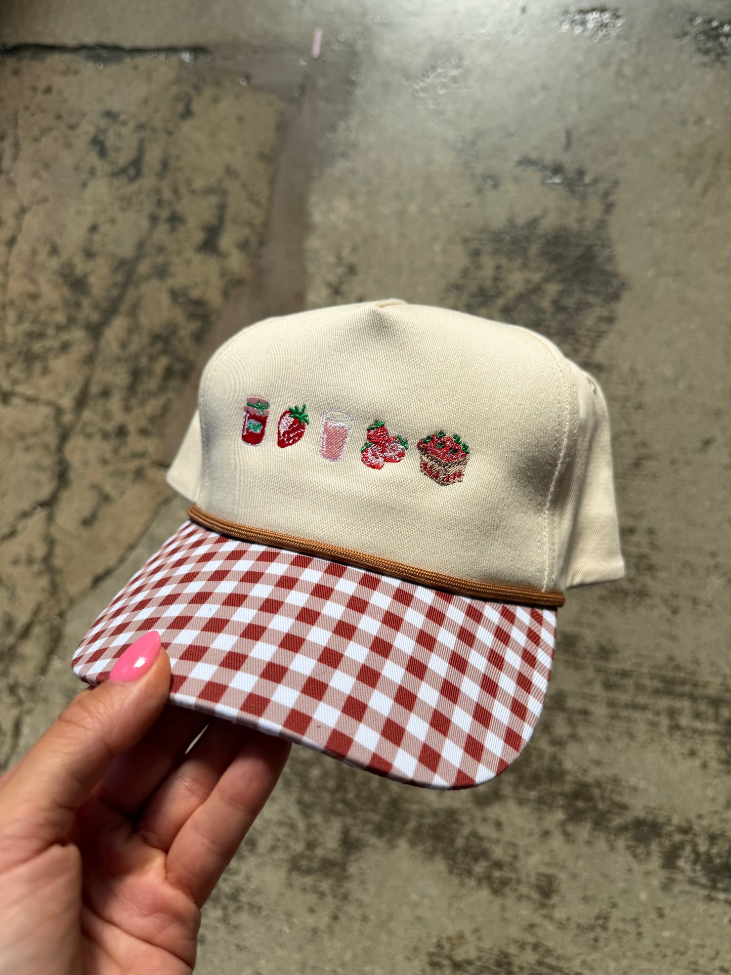 Strawberry Summer Embroidered Brown Gingham Trucker Hat