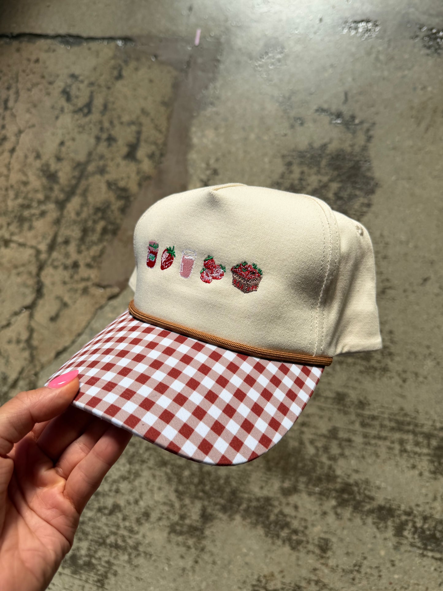 Strawberry Summer Embroidered Brown Gingham Trucker Hat