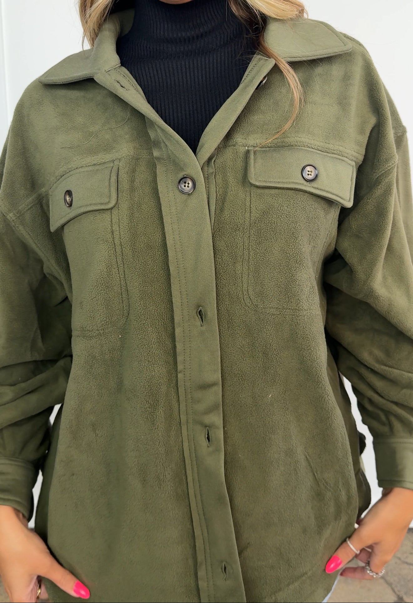 Talia Olive Button up Fleece Long Sleeve Jacket