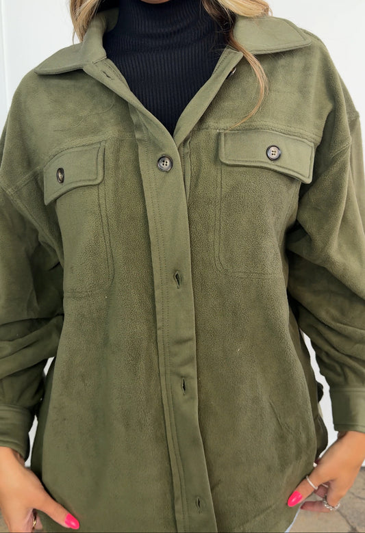 Talia Olive Button up Fleece Long Sleeve Jacket