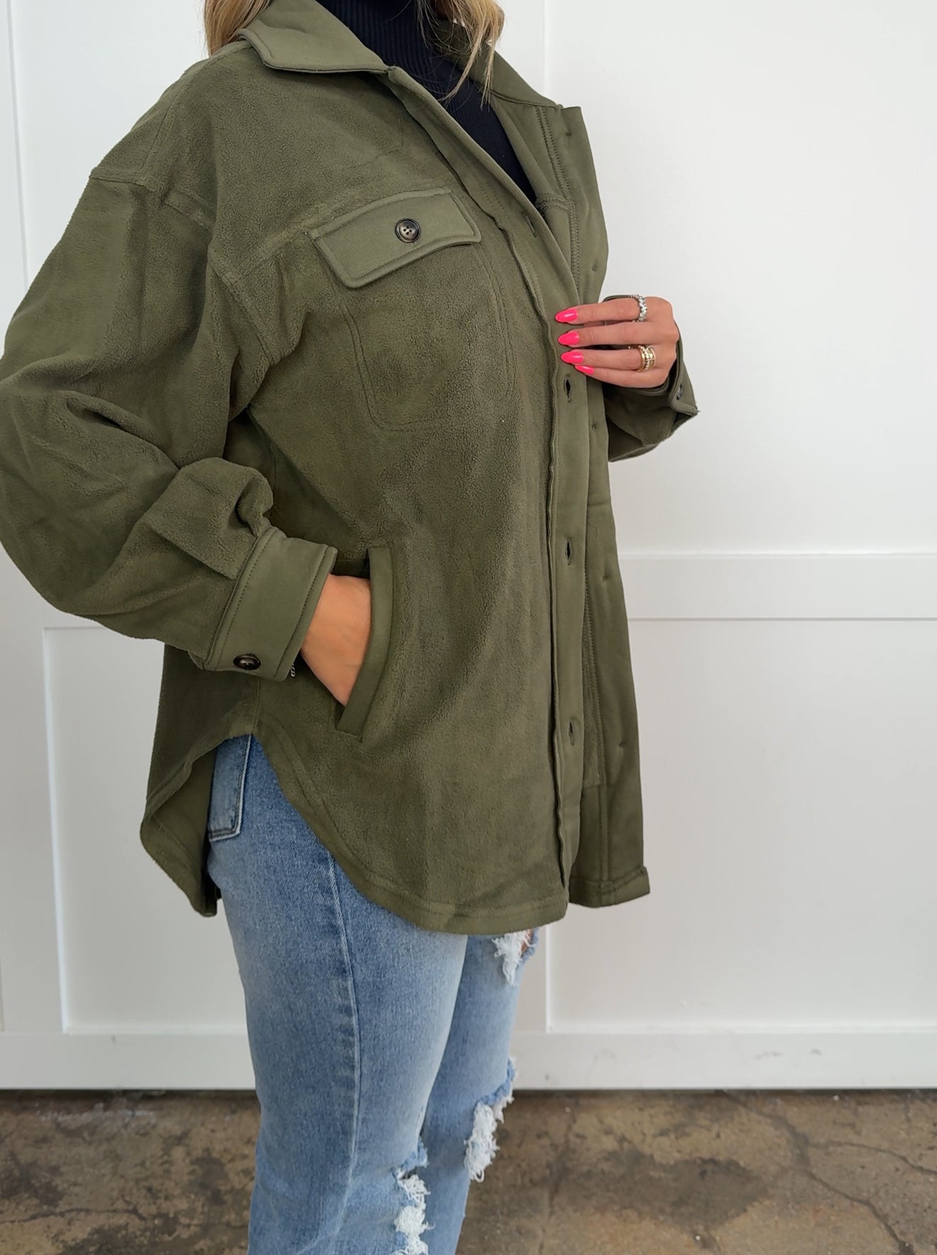 Talia Olive Button up Fleece Long Sleeve Jacket