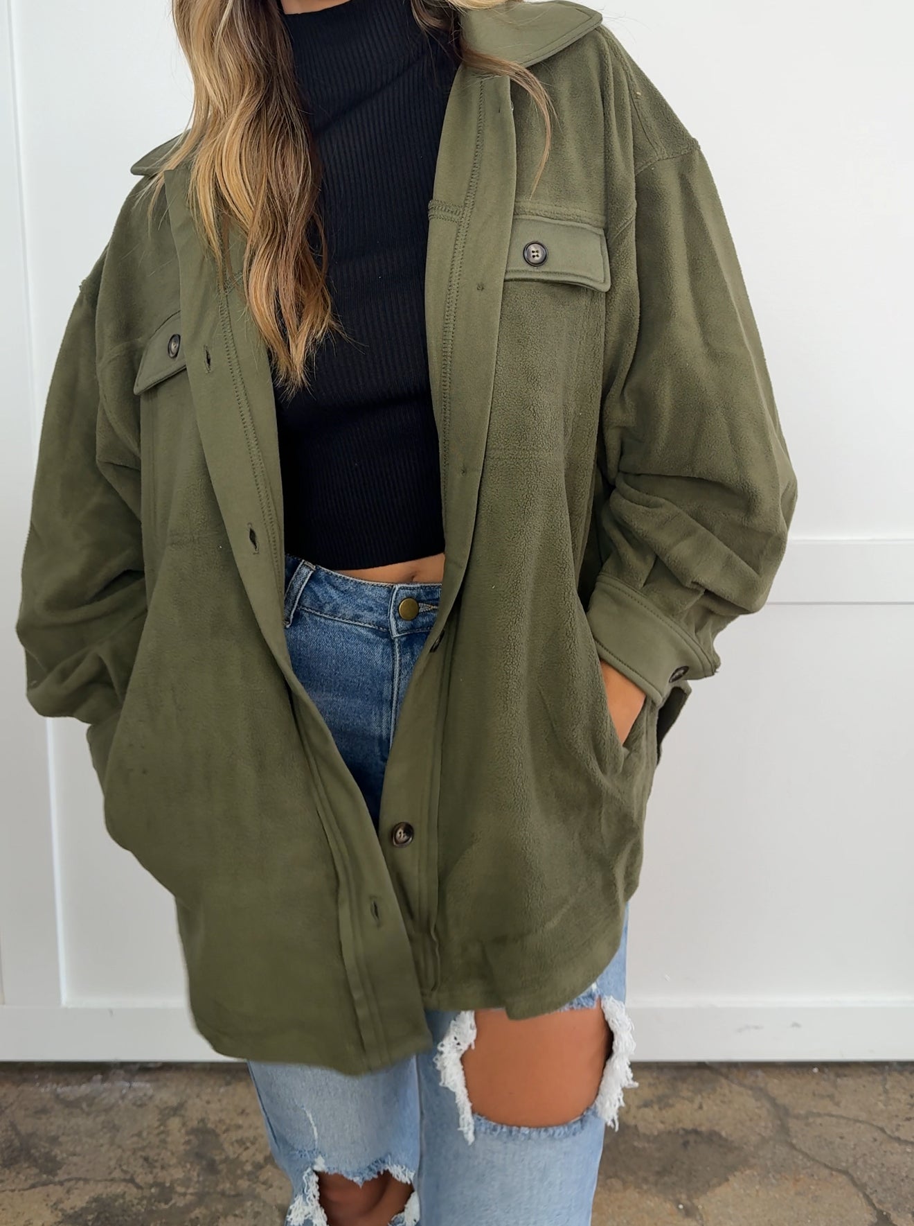 Talia Olive Button up Fleece Long Sleeve Jacket
