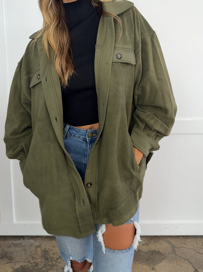 Talia Olive Button up Fleece Long Sleeve Jacket