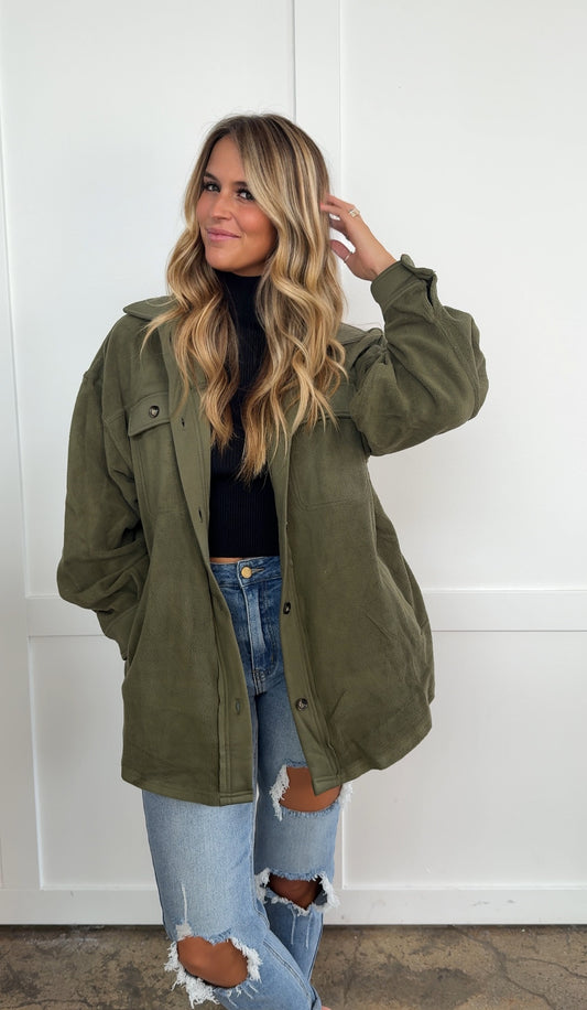 Talia Olive Button up Fleece Long Sleeve Jacket