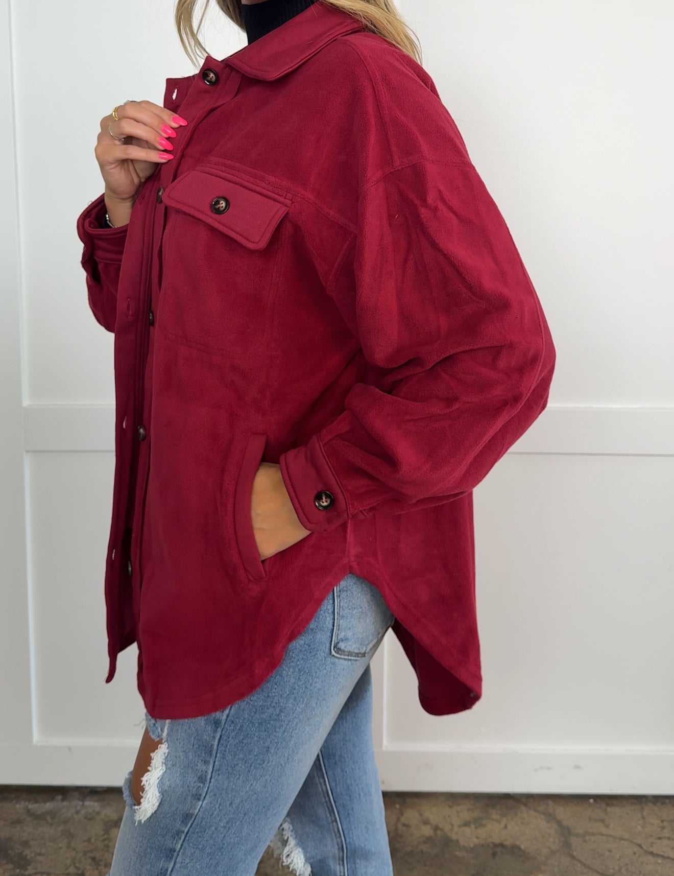 Talia Burgundy Button up Fleece Long Sleeve Jacket