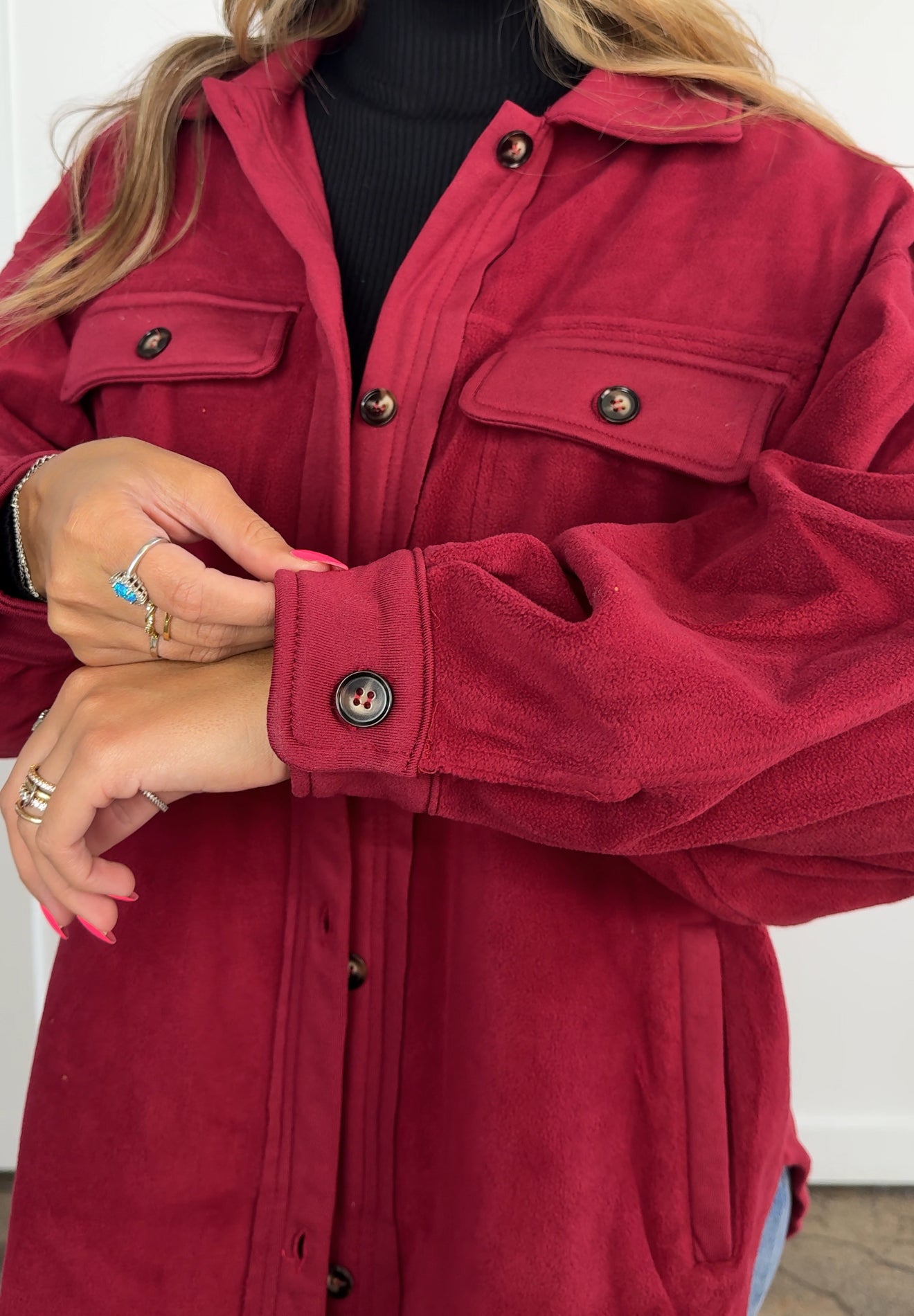 Talia Burgundy Button up Fleece Long Sleeve Jacket