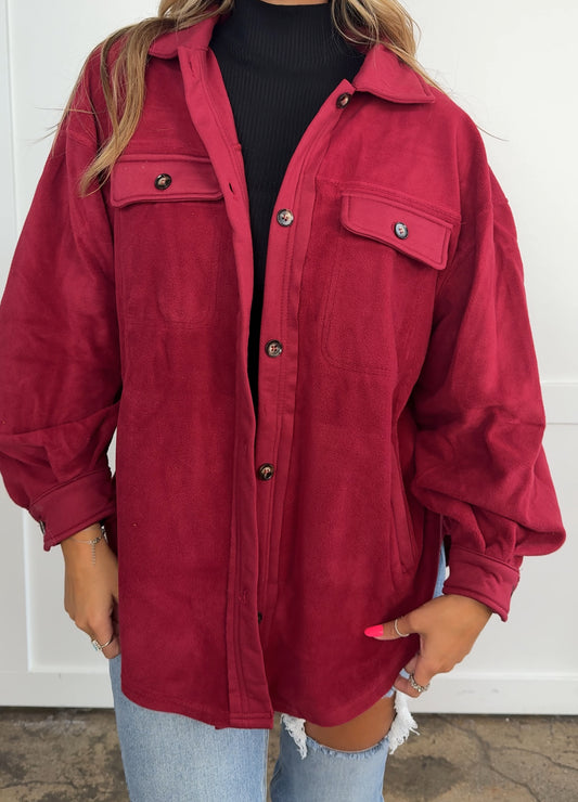 Talia Burgundy Button up Fleece Long Sleeve Jacket