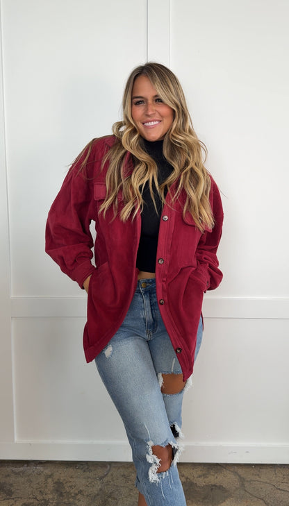 Talia Burgundy Button up Fleece Long Sleeve Jacket