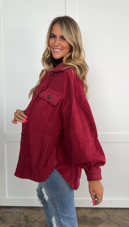 Talia Burgundy Button up Fleece Long Sleeve Jacket