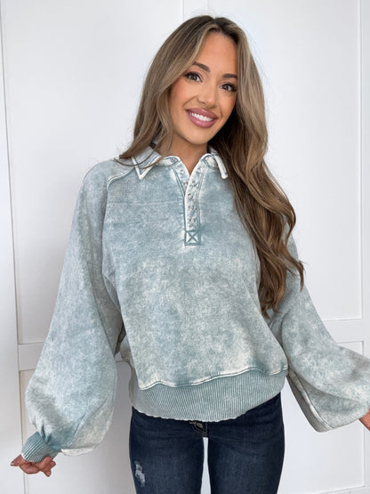 Ramona Acid Wash Fleece Collared Sweatshirt