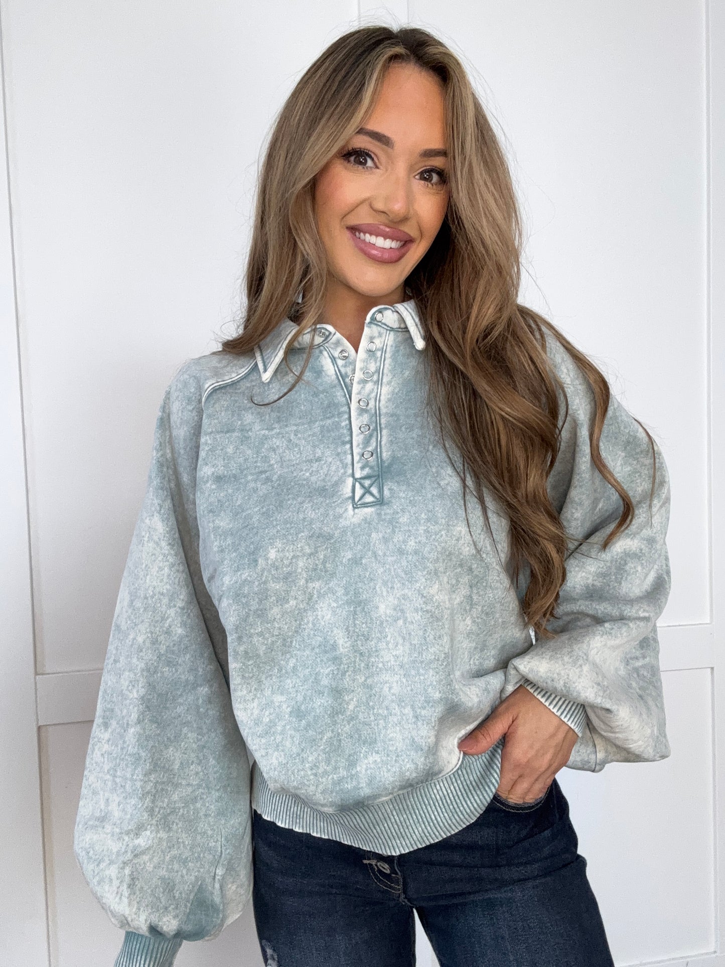 Ramona Acid Wash Fleece Collared Sweatshirt