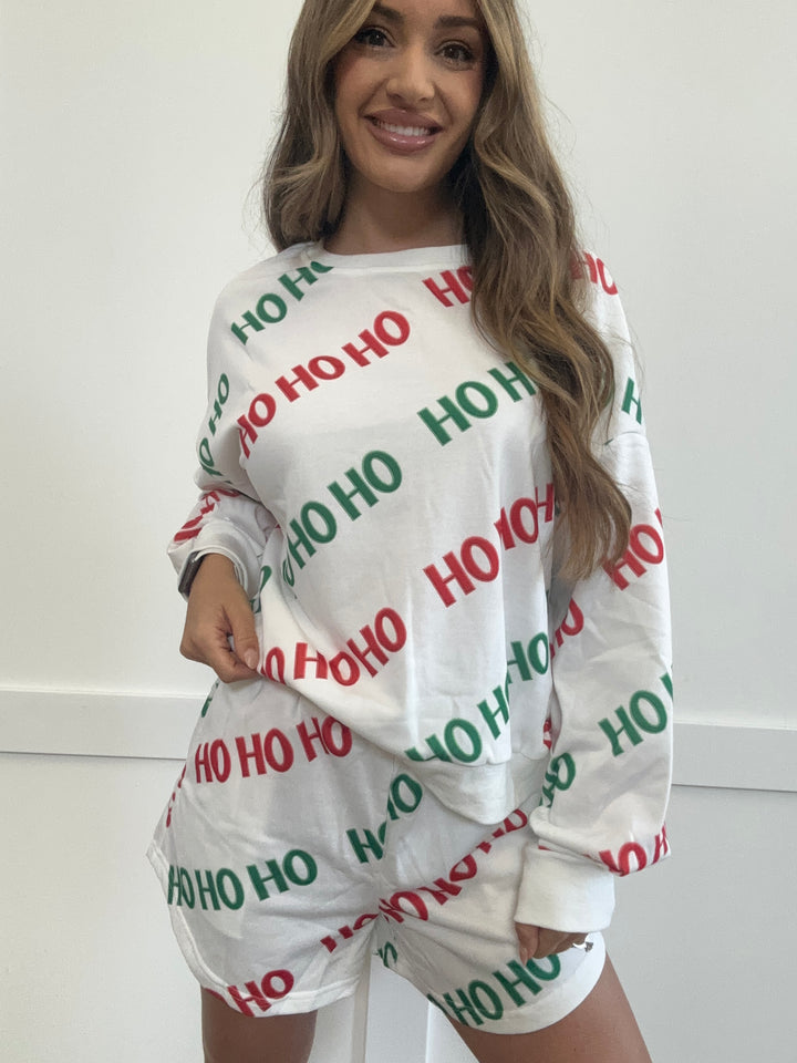 PREORDER: Ho Ho Holiday Round Neck Long Sleeve Top and Shorts Set