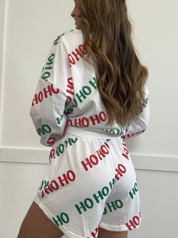 PREORDER: Ho Ho Holiday Round Neck Long Sleeve Top and Shorts Set