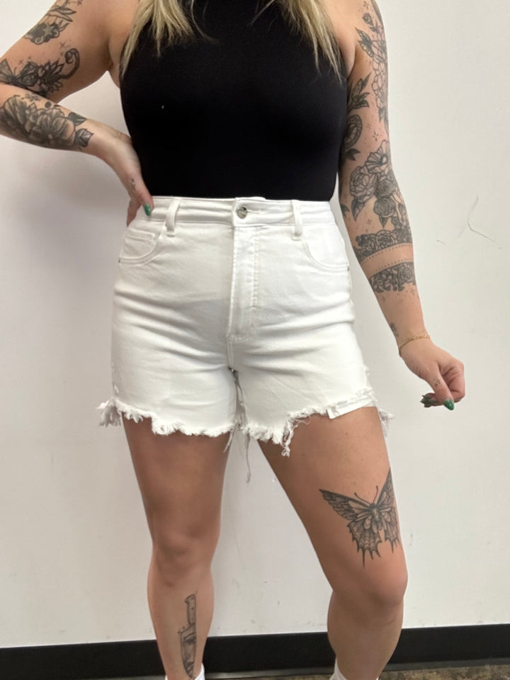 Jillian High Rise Distressed Shorts - White