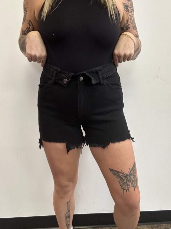 Fold Over Distressed Shorts- Black