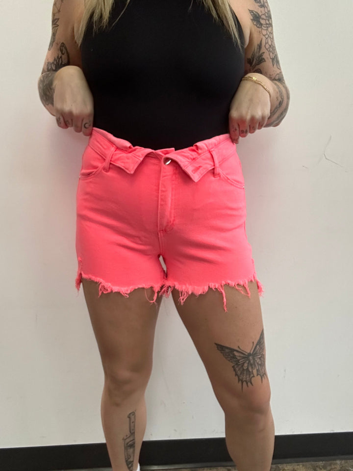 IMPERFECT of Fold Over Distressed Denim Shorts- Coral Pink