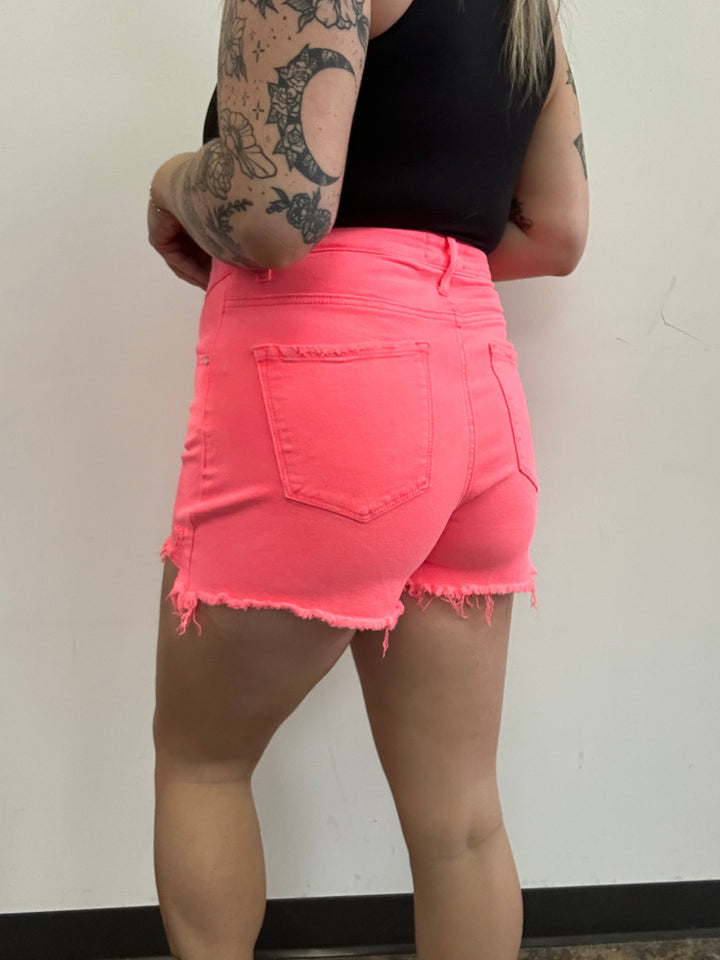 IMPERFECT of Fold Over Distressed Denim Shorts- Coral Pink