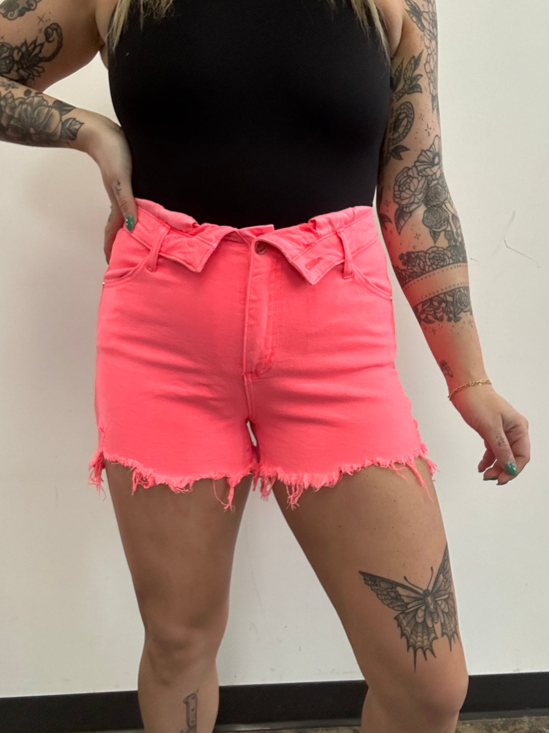 Fold Over Distressed Denim Shorts- Coral Pink