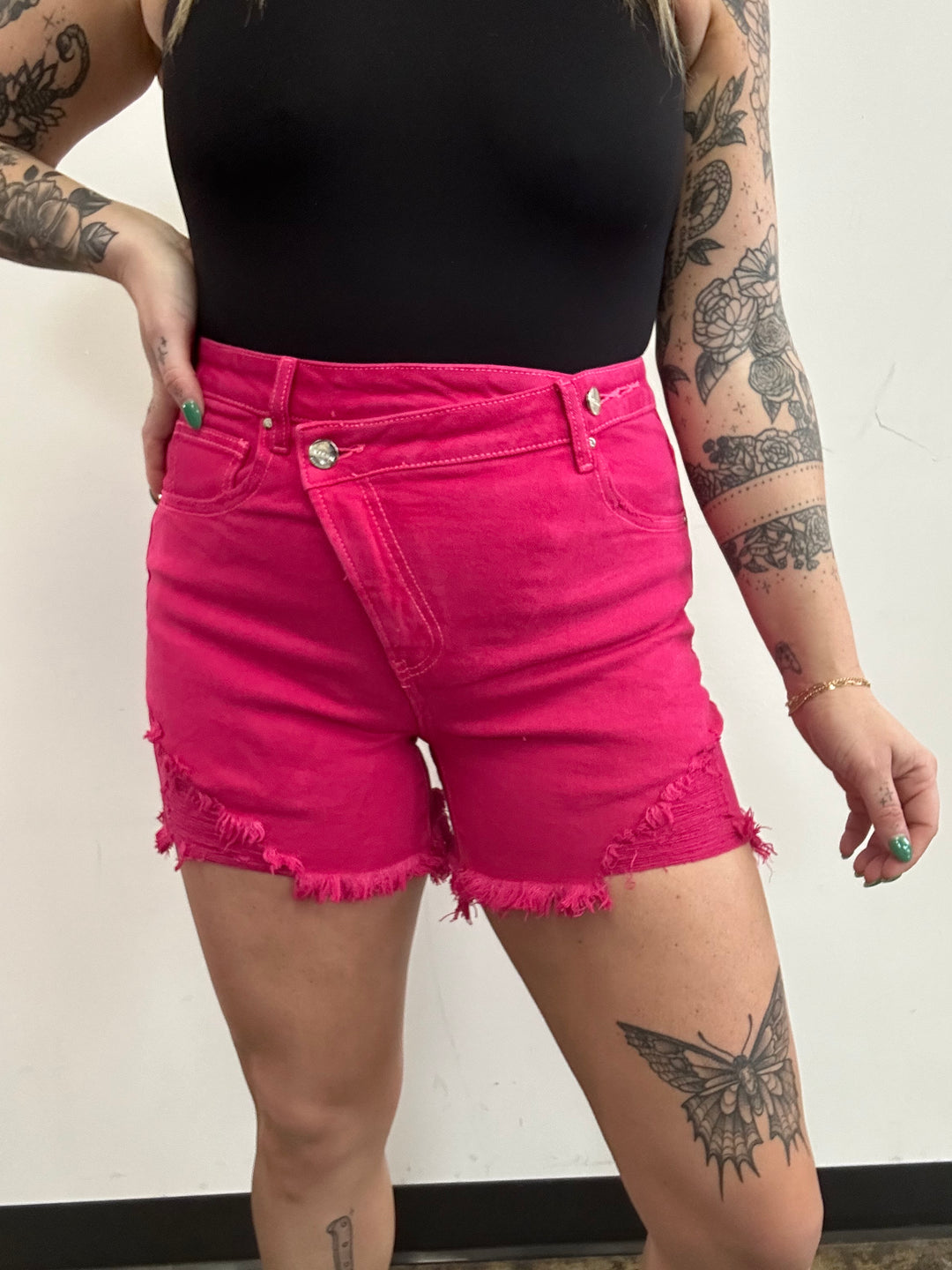 Lindsey Asymmetrical Distressed Shorts- Fuchsia