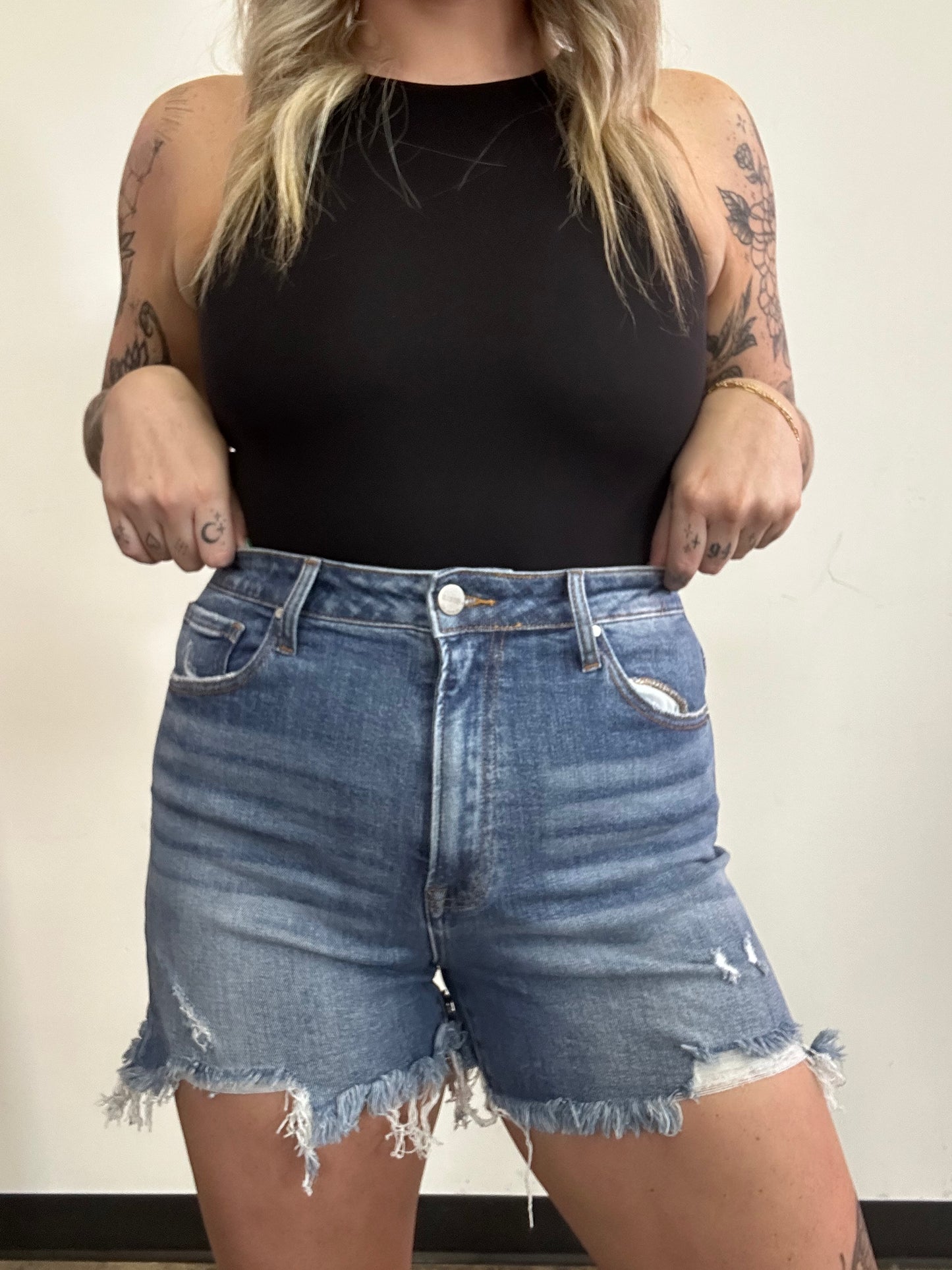 On The Go Risen Distressed Shorts- Medium Wash