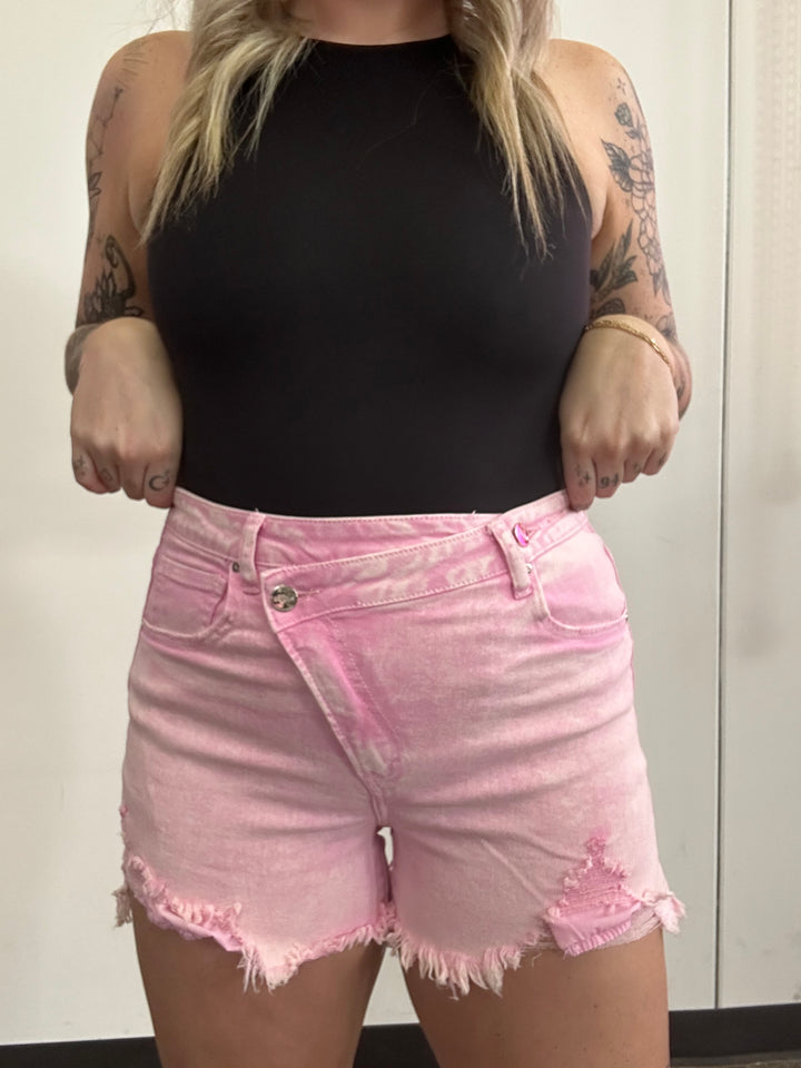 Lindsey Asymmetrical Distressed Shorts- Pink Acid Wash