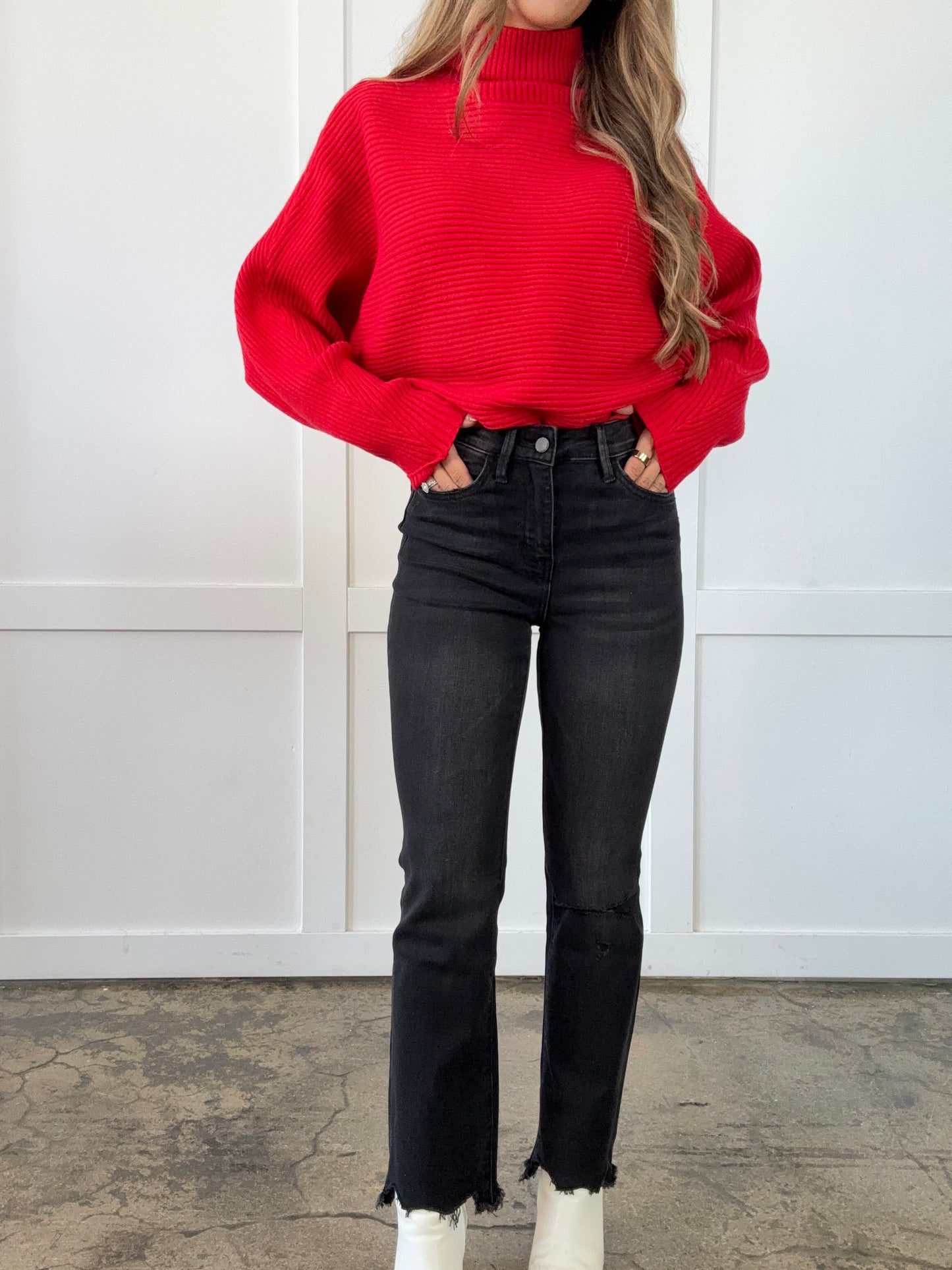 Macy Distressed Knee High Rise Ankle Bootcut Jeans