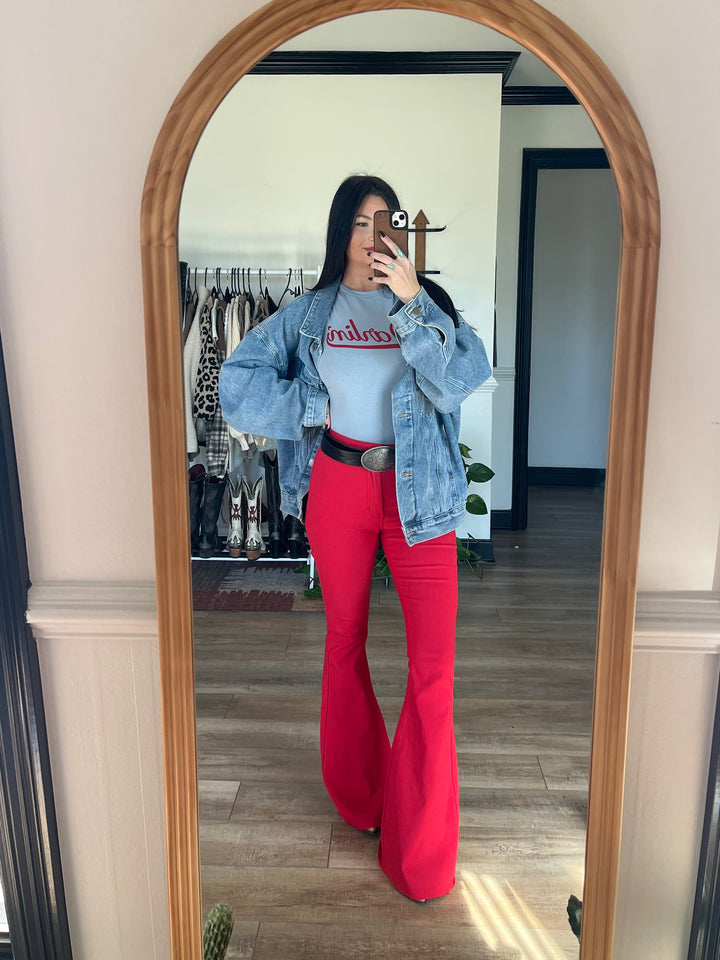 Fiona High Waisted Bell Bottom Flare Jeans - Red