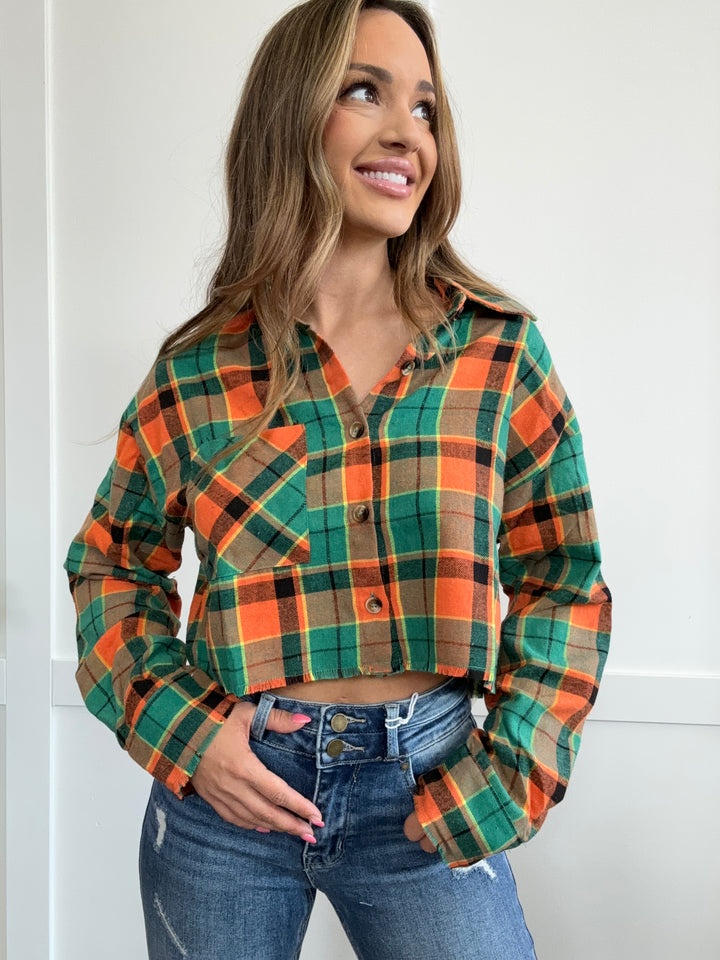 Pumpkin Patch Plaid Collared Crop Flannel